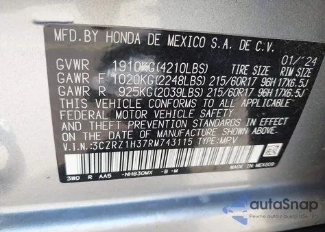 2024 Honda Hr-V 2Wd Lx from USA, damaged, VIN 3CZRZ1H37RM743115